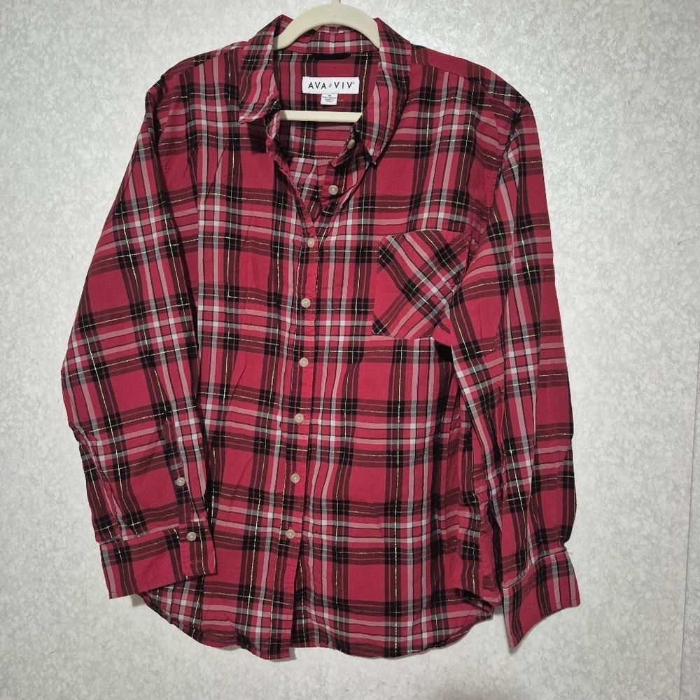 Ava & Viv Red Plaid Women'sbutton Up Shirt...SIZE:3X
